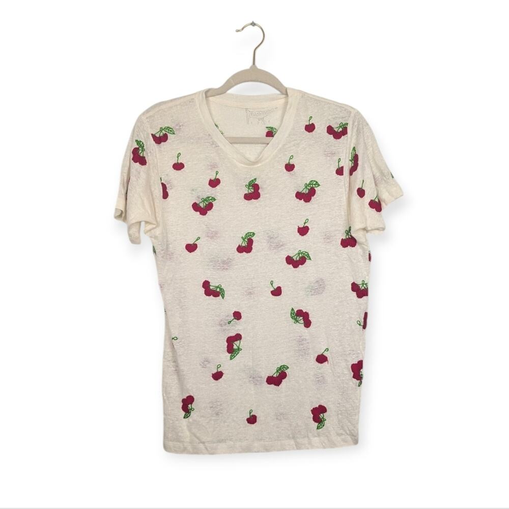 Banner Day White Linen Embroidered Cherries Tee Size M